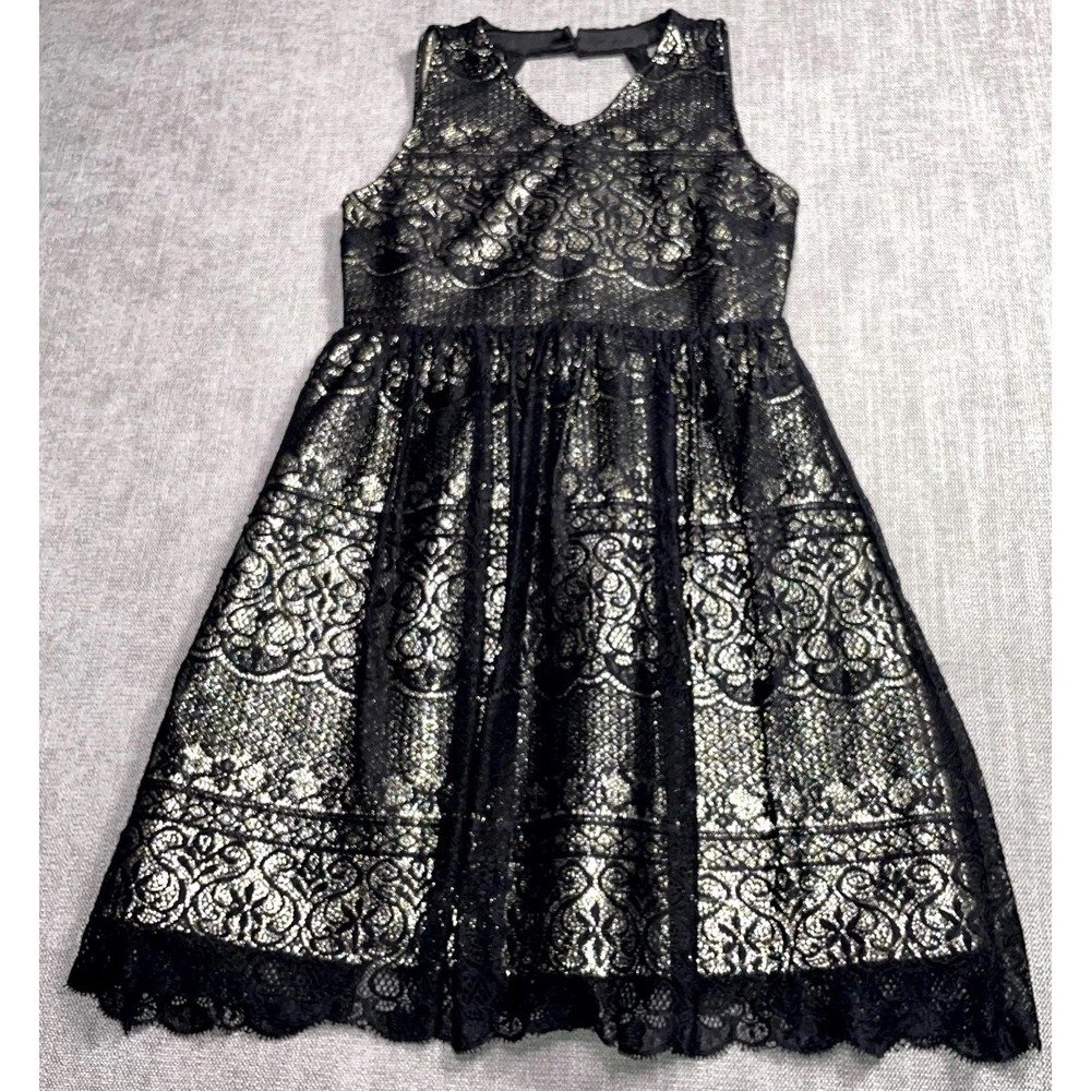 Storm By Monsoon Girls Dress Size 13 Black Gold Lace Geometric V-Neck Party